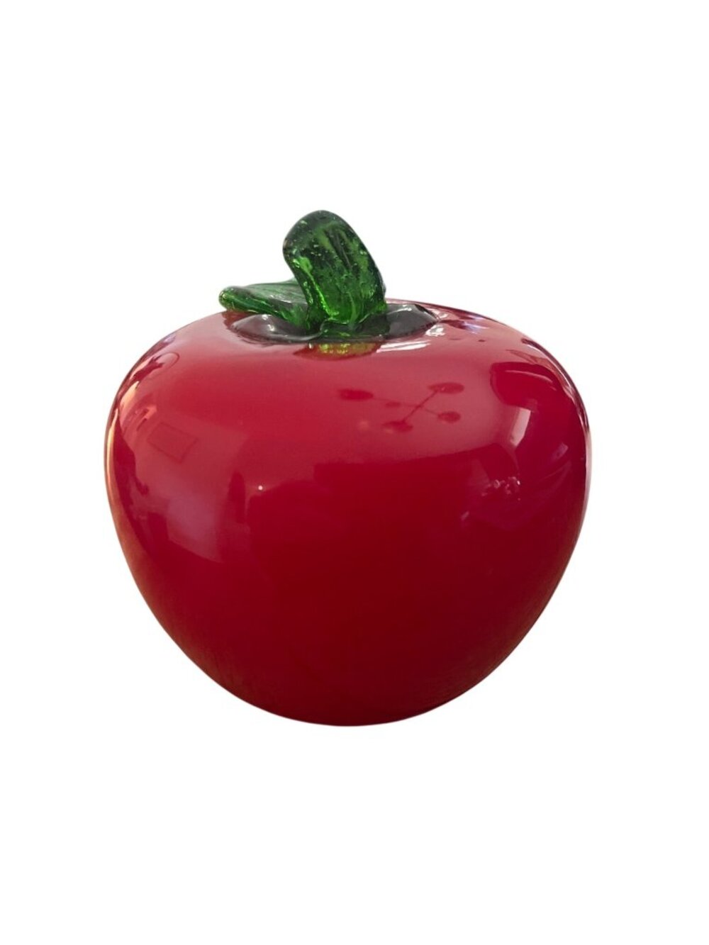 Vtg Handblown Glass Apple Figurine Red With Green Stem & Leaf Display Decor - Picture 2 of 5